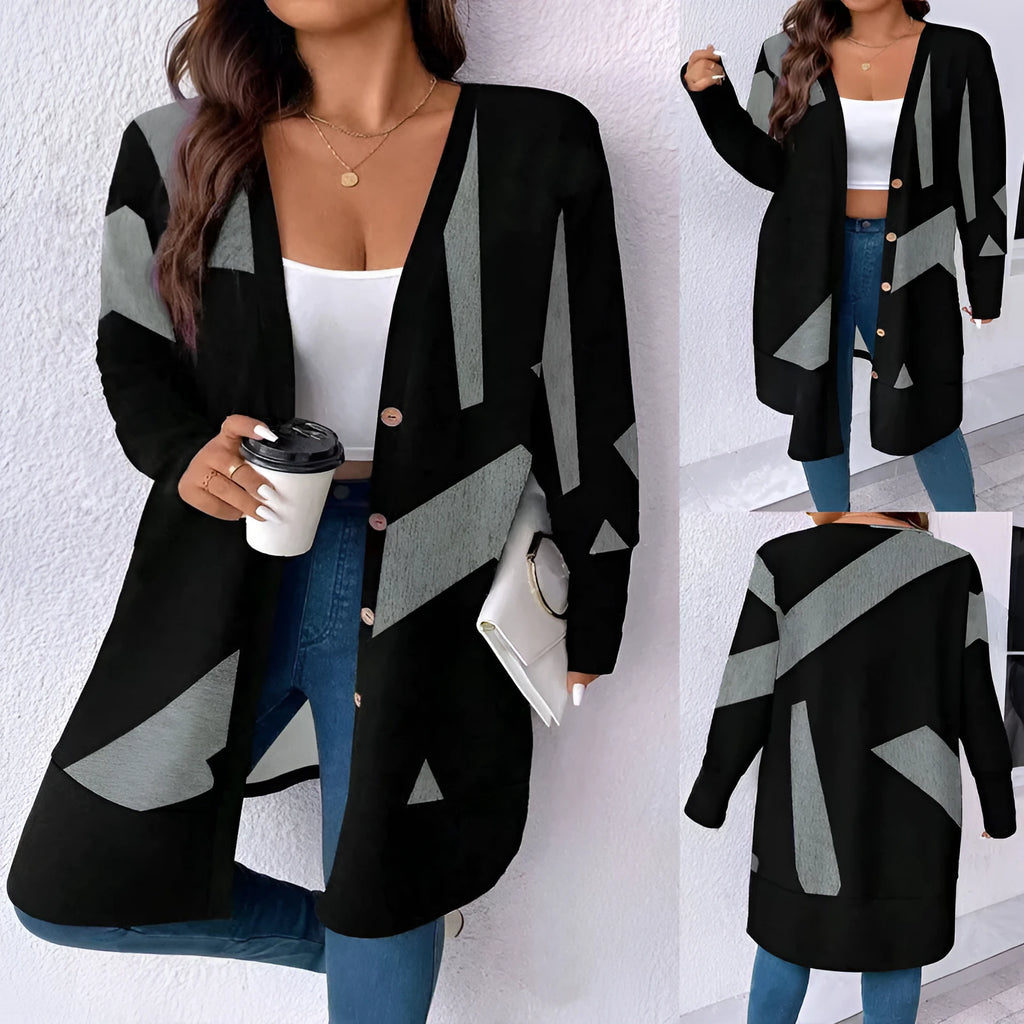 Black loose fit knit cardigan coat with button front on a hanger.
