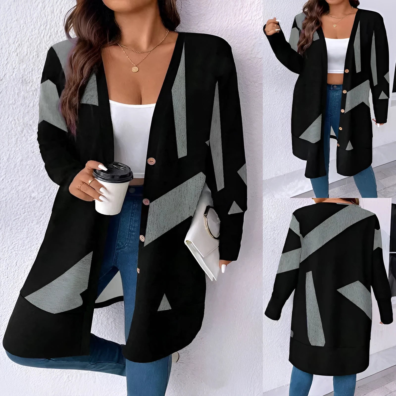 Black loose fit knit cardigan coat with button front on a hanger.