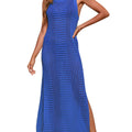 Women's long loose beach blouse with hollow-out knitted design in solid colour