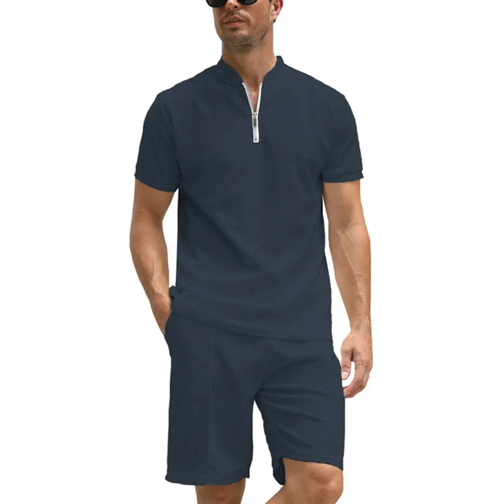 Men's solid colour polo shirt and matching shorts two-piece casual set
