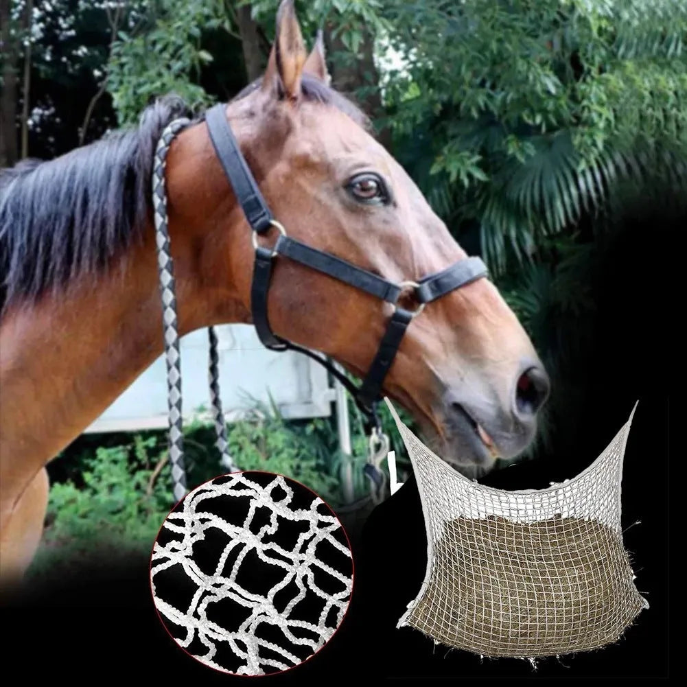 Woven PE rope horse feeding bag hanging with black or white colour options