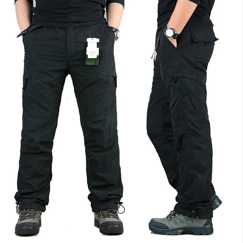 Men's thickened cotton overalls with wool lining in khaki black and army green loose straight leg winter trousers