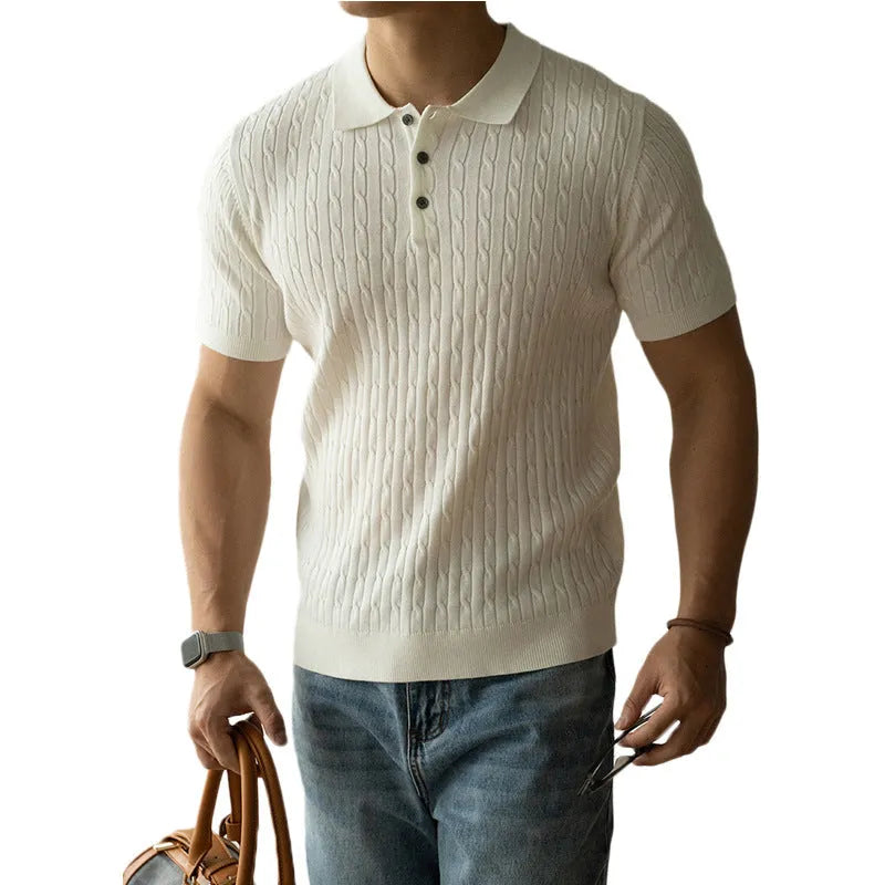 Men's khaki short sleeve business casual top showing front view with Asian fit sizing label