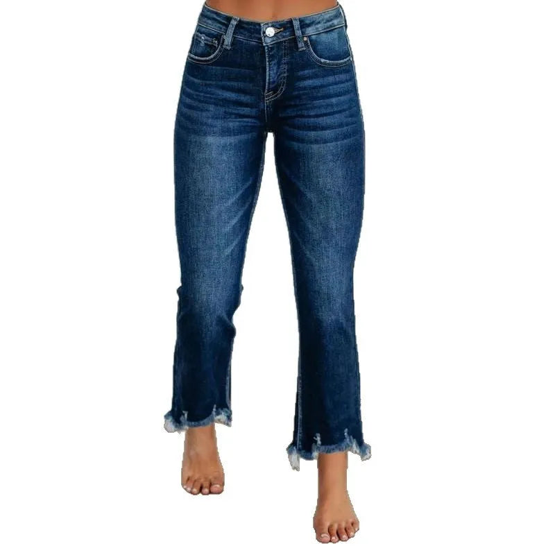 Women's casual denim trousers in dark blue or light blue with hand-worn detailing and five-pocket design