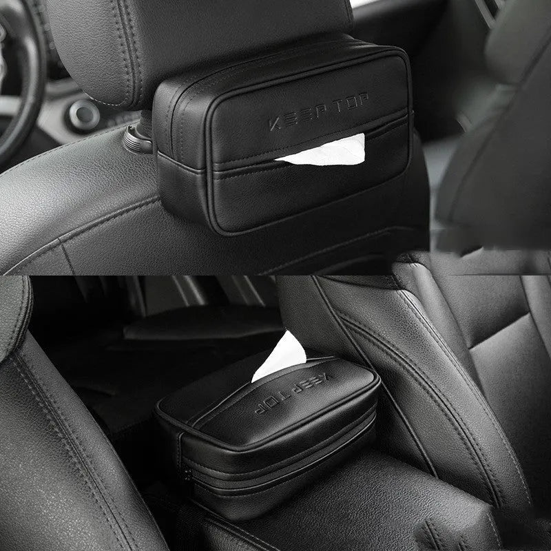 Black PU leather hanging storage box for car documents with dimensions 23cm by 13cm.