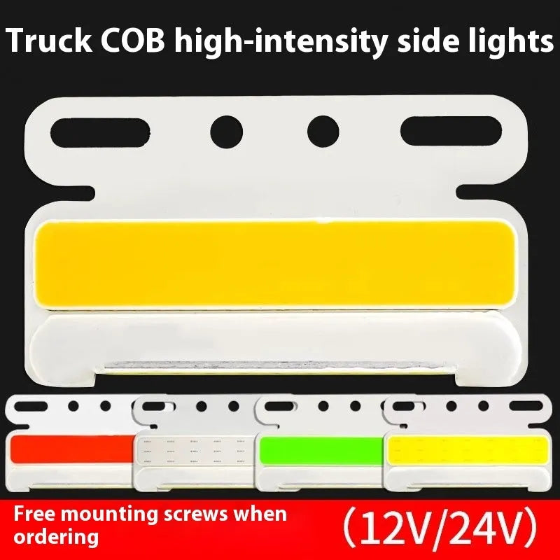 Aluminium alloy truck side light with COB LED in blue, green, red, white, or yellow for 12V or 24V vehicles.