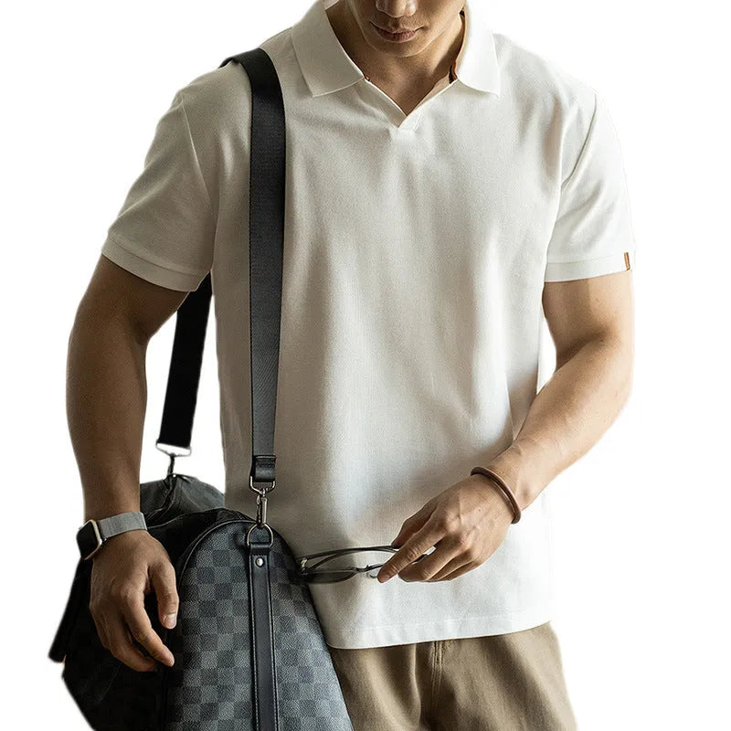 American-style short-sleeved polo shirt in blue black and white cotton blend fabric
