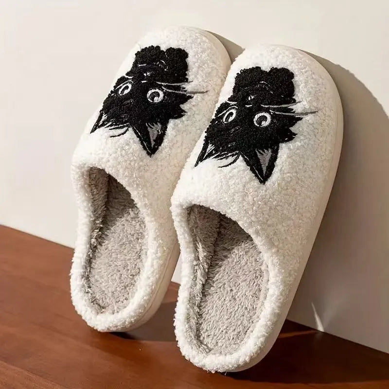 White cotton slippers with black beard cat cartoon pattern and plush upper