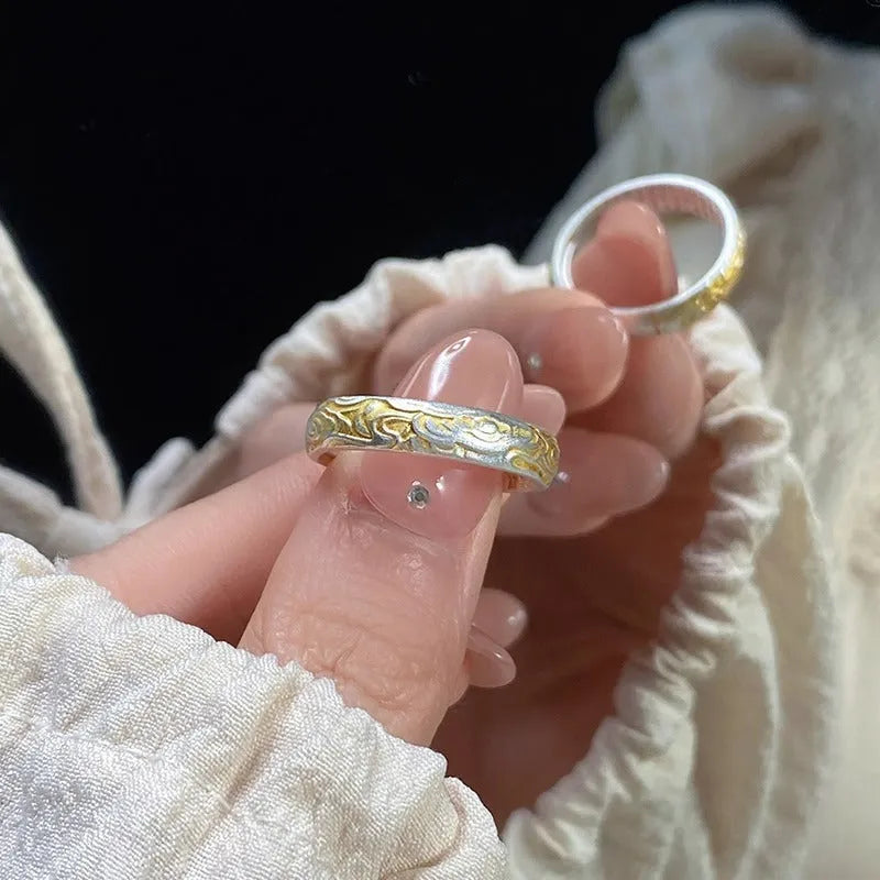 White copper open mouth ring with J14 Xiangyun geometric pattern and silver gold electroplated finish