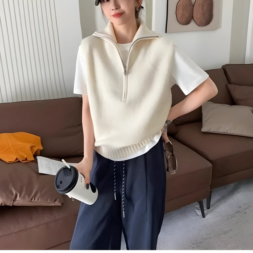 Retro half zip sleeveless knit vest in mesh polyester fabric with Japanese Korean casual styling