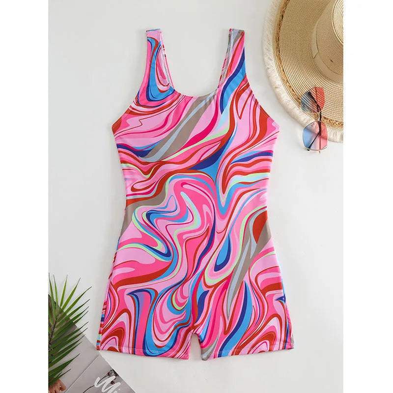 Women's printed one-piece swimsuit with high waist and backless design in polyester.