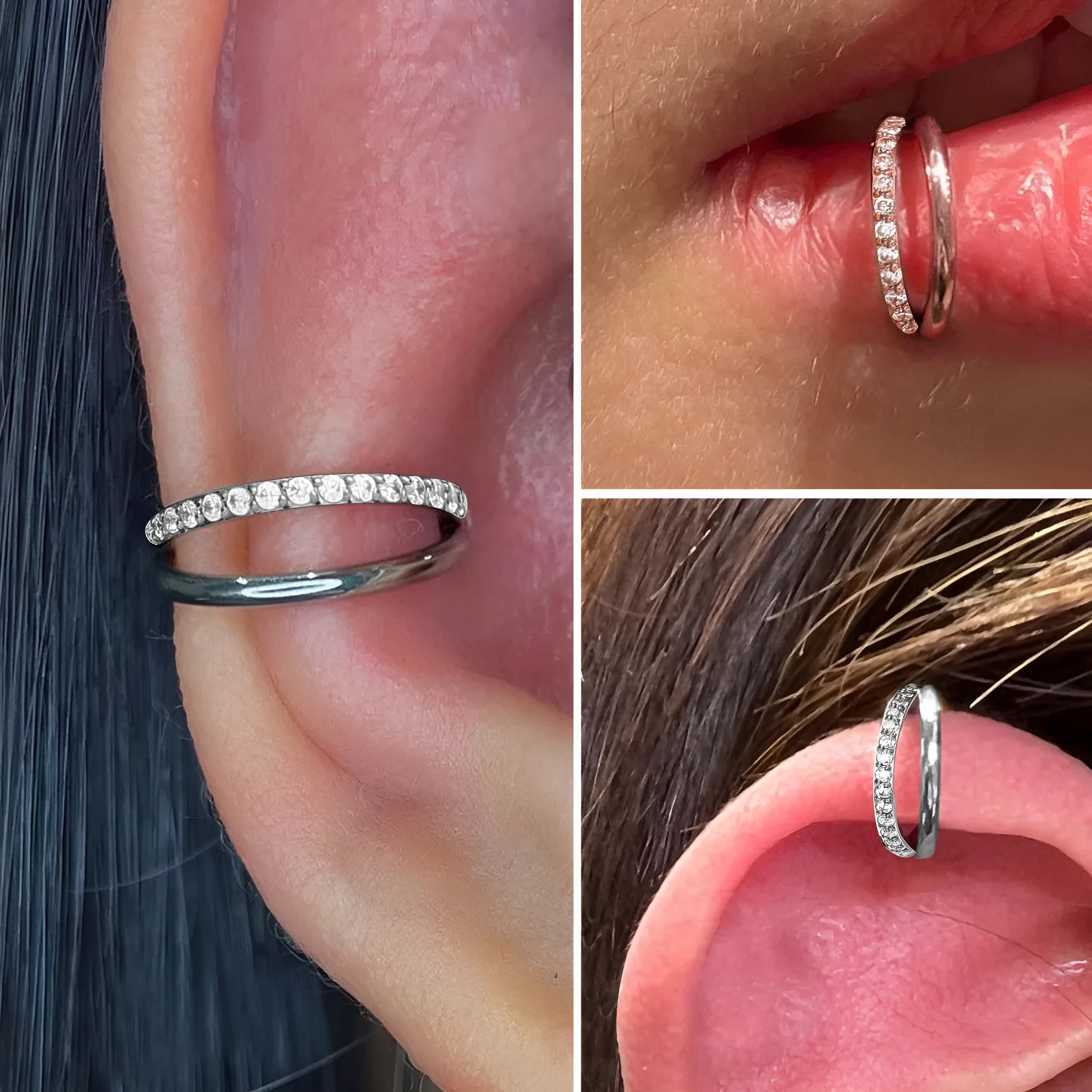 Titanium alloy nose ring jewellery showing plain and diamond-accented options in multiple colours
