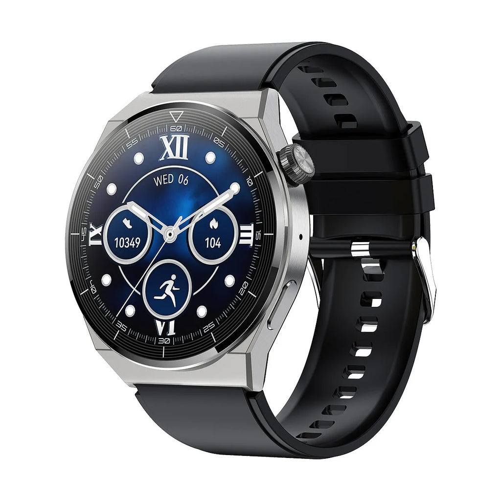 Round smart watch with Bluetooth calling and NFC access control on silicone strap