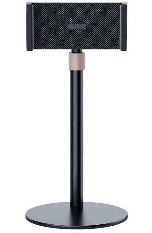 Black metal tablet bracket with telescopic lifting mechanism extended to full 200mm height