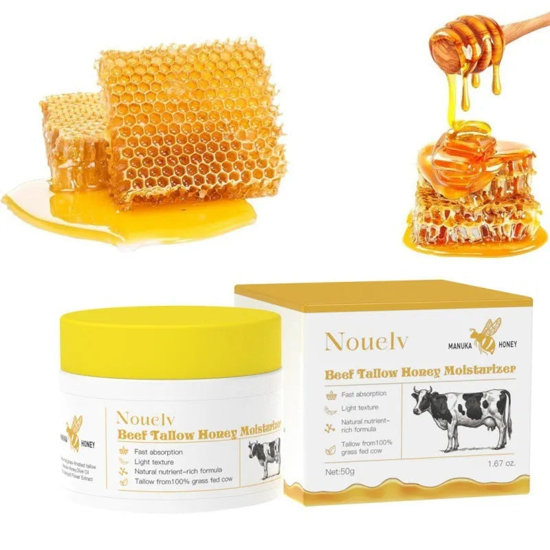 50g jar of honey tallow moisturising cream for dry skin with cow fat and honey ingredients