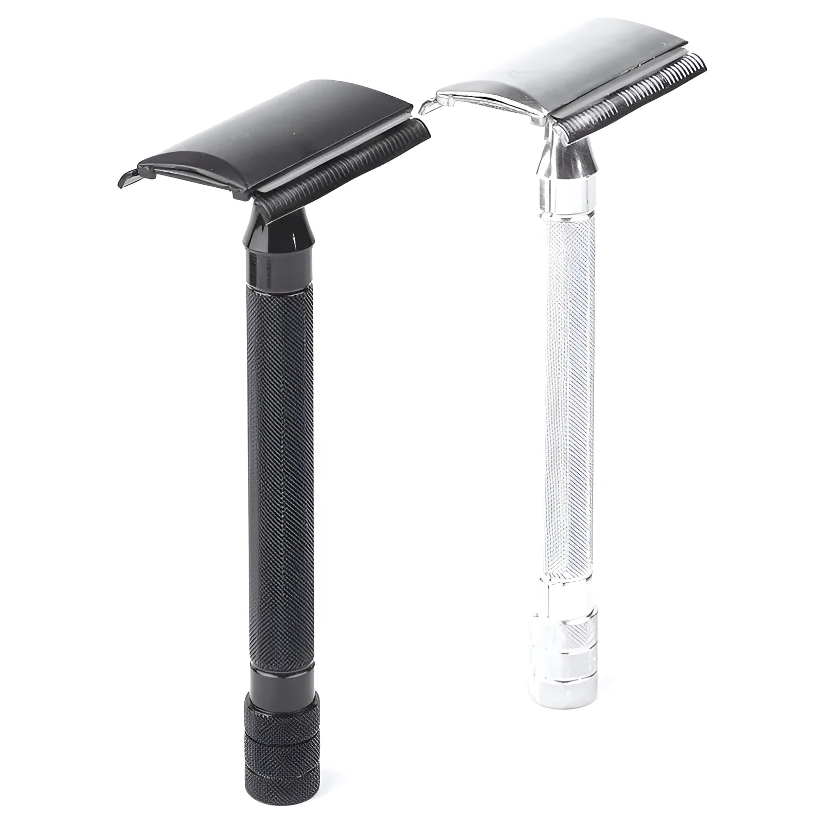 Traditional manual shaving razor and brush set in silver and black finish on a wooden surface.