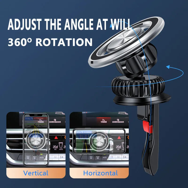 Silver and black alloy magnetic air outlet mobile phone holder with rivet magnet and snap on bracket