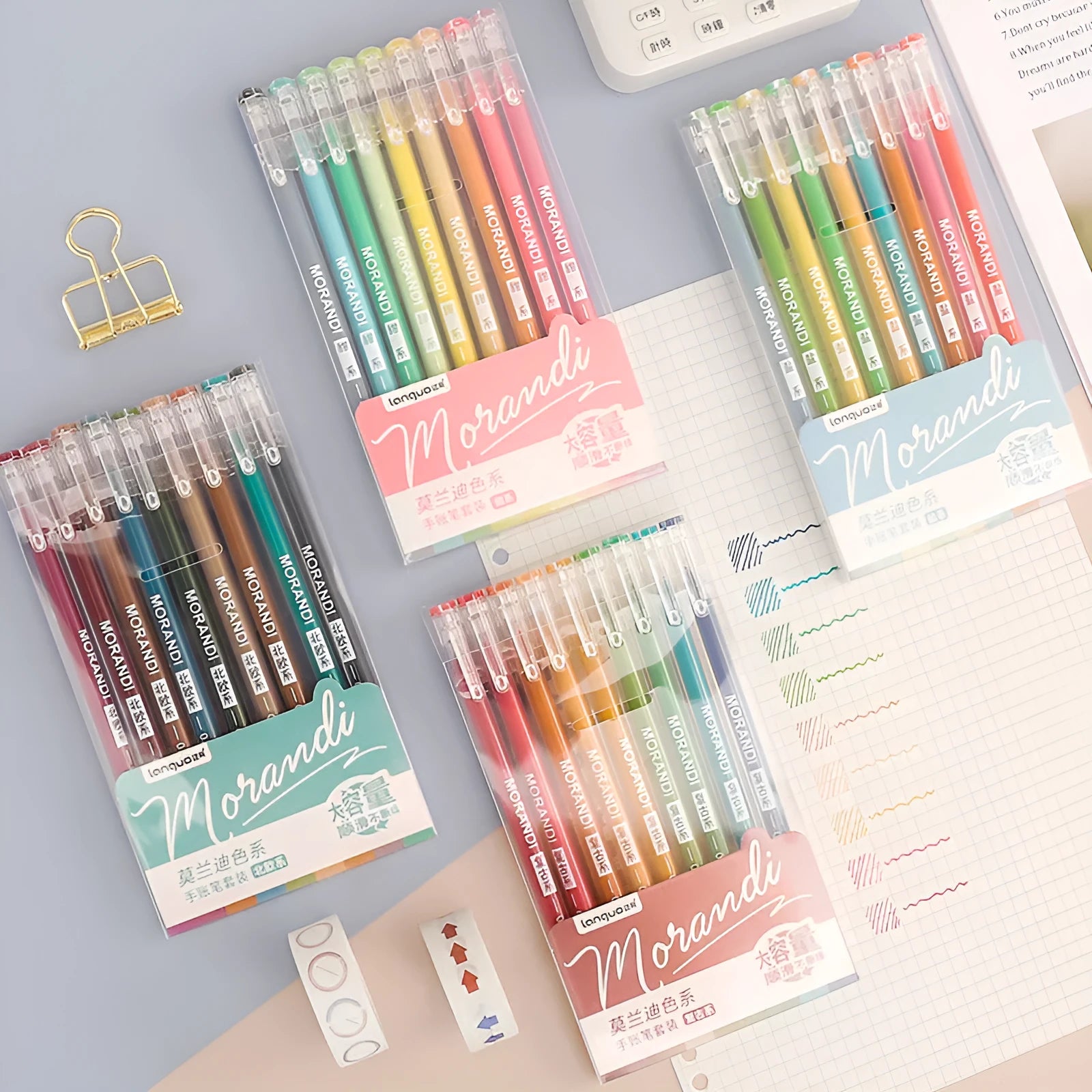 Set of nine retro-style gel pens with 0.5mm needle tips in assorted colours for note-taking.