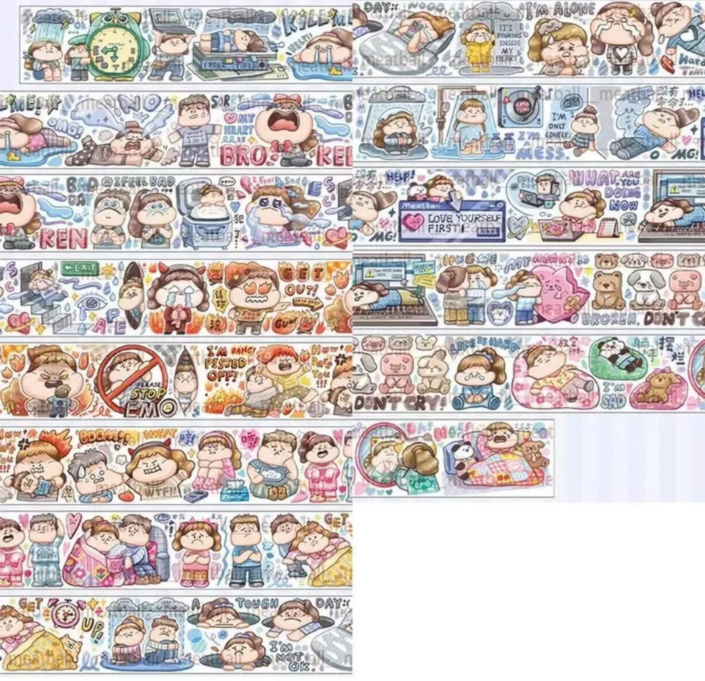 Sheet of cute cartoon character stickers on Japanese paper for haemorrhoid tape packaging.