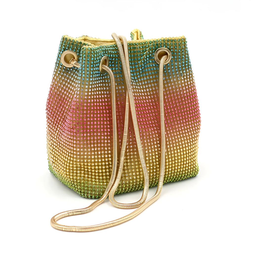 Rainbow rhinestone bucket bag with diamond decoration and soft fabric texture