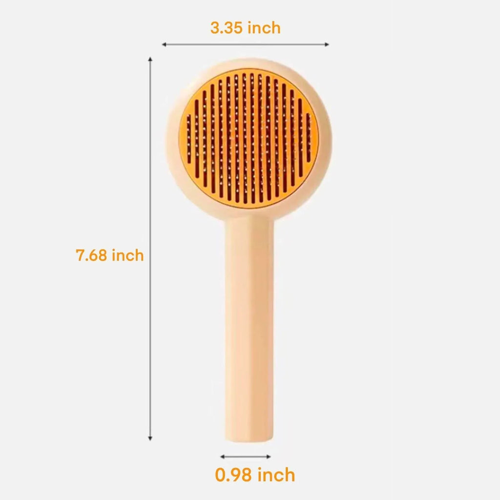 Blue pet grooming brush with metal needles and self-cleaning button for cats and dogs