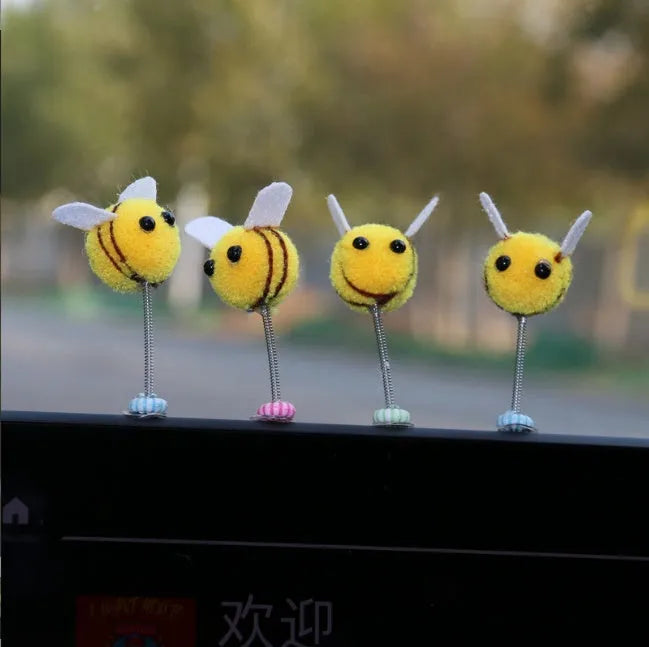 Swing spring bee car decoration with fur ball material, 3 cm size, cartoon design