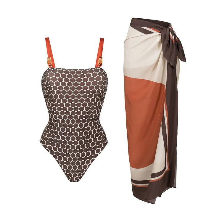Women's dot pattern one-piece swimsuit with wrap skirt set in polyester fabric