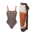 Women's dot pattern one-piece swimsuit with wrap skirt set in polyester fabric
