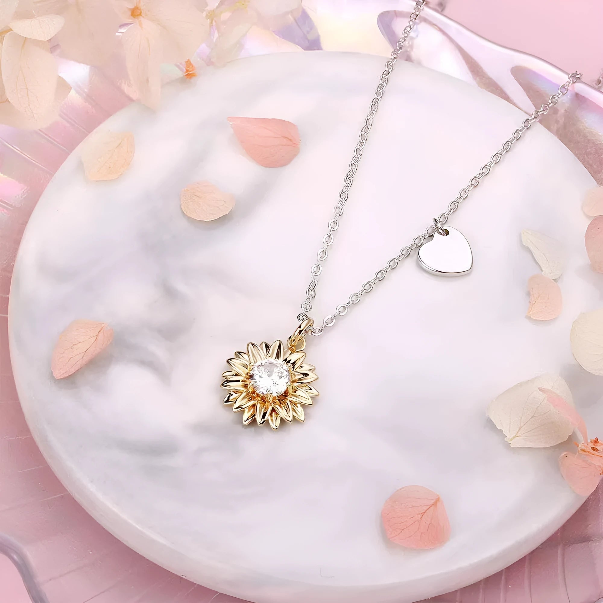 Sunflower necklace with 925 silver geometric pendant on adjustable cross chain