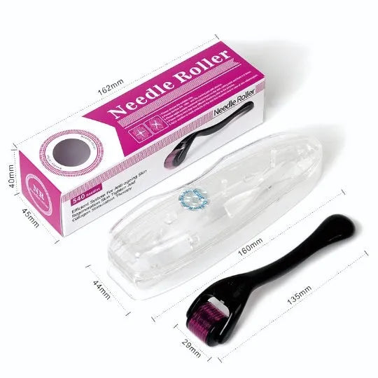 Close-up of a titanium derma roller with microneedles, shown with black and purple handle options.