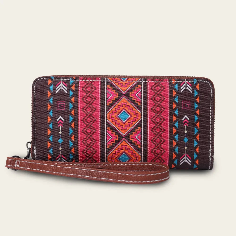 Bohemian striped canvas RFID blocking wallet with wind belt closure in beige colour