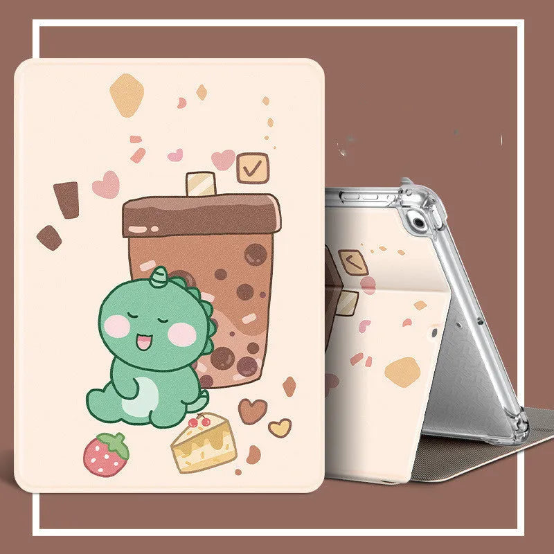 Cartoon iPad case in imitation leather and silicone with airbag drop protection and sleep function, front view