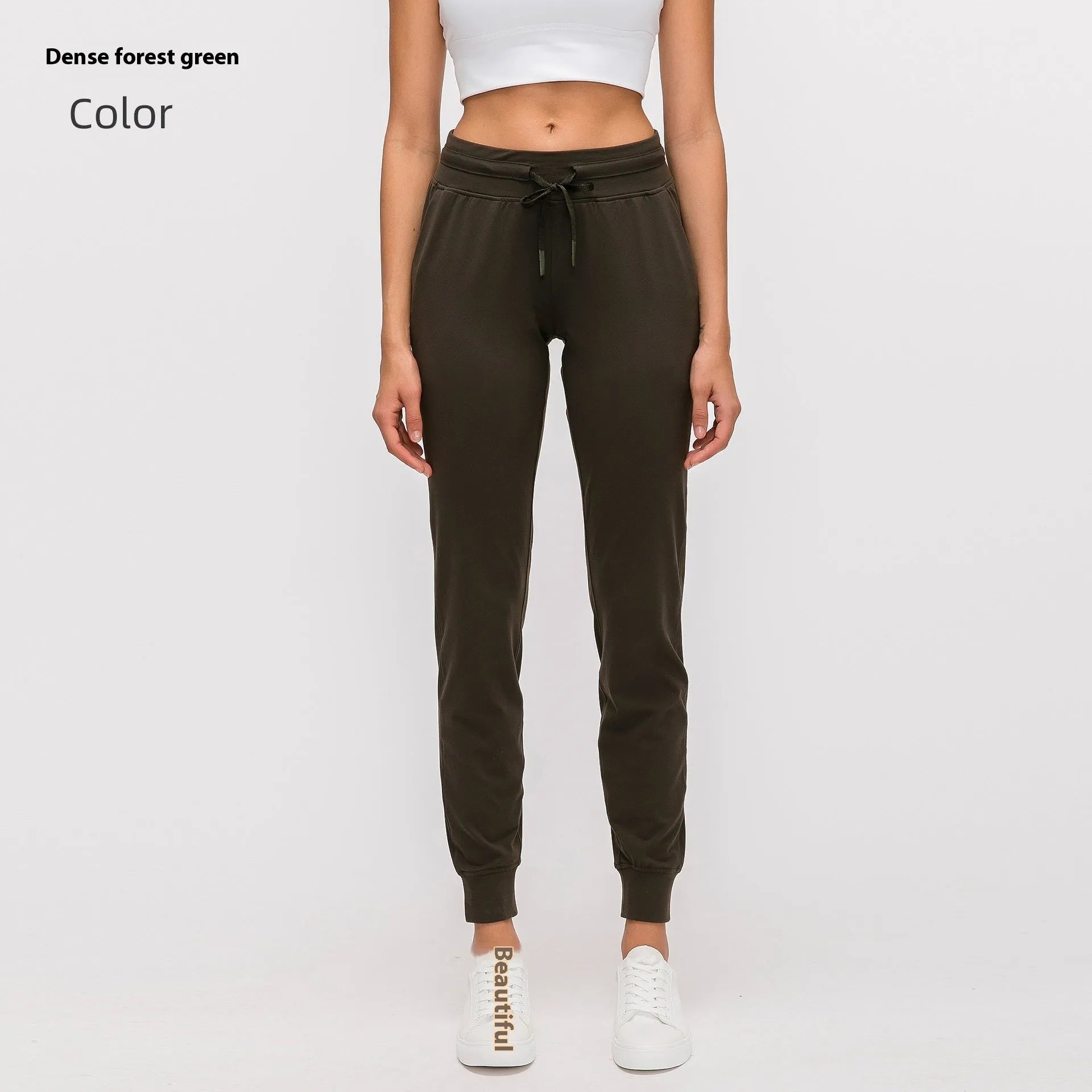 Women's high waist yoga pants with drawstring waistband in cotton blend fabric