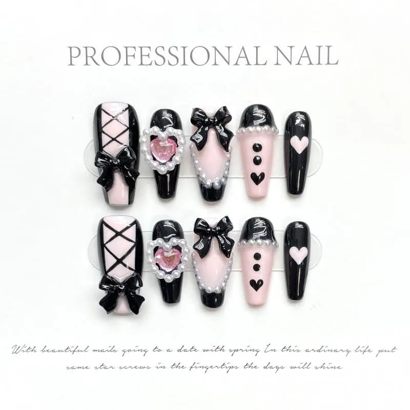 Black pink heart hand-painted detachable false nails with bow decorations in cat's eye style