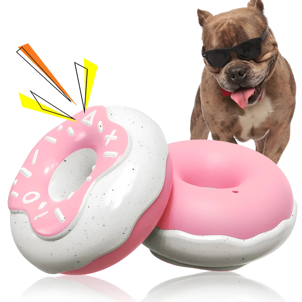 TPR molar cleaning donut dog toy in pink, chocolate, or yellow colours with squeaker