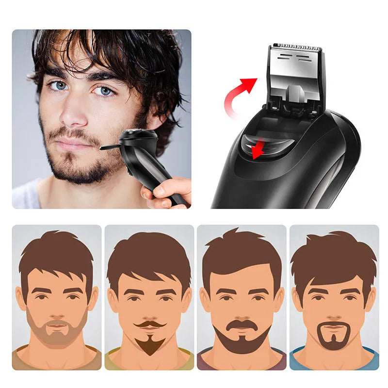 Men's electric shaver with three rotating floating cutter heads and pop-up sideburn trimmer