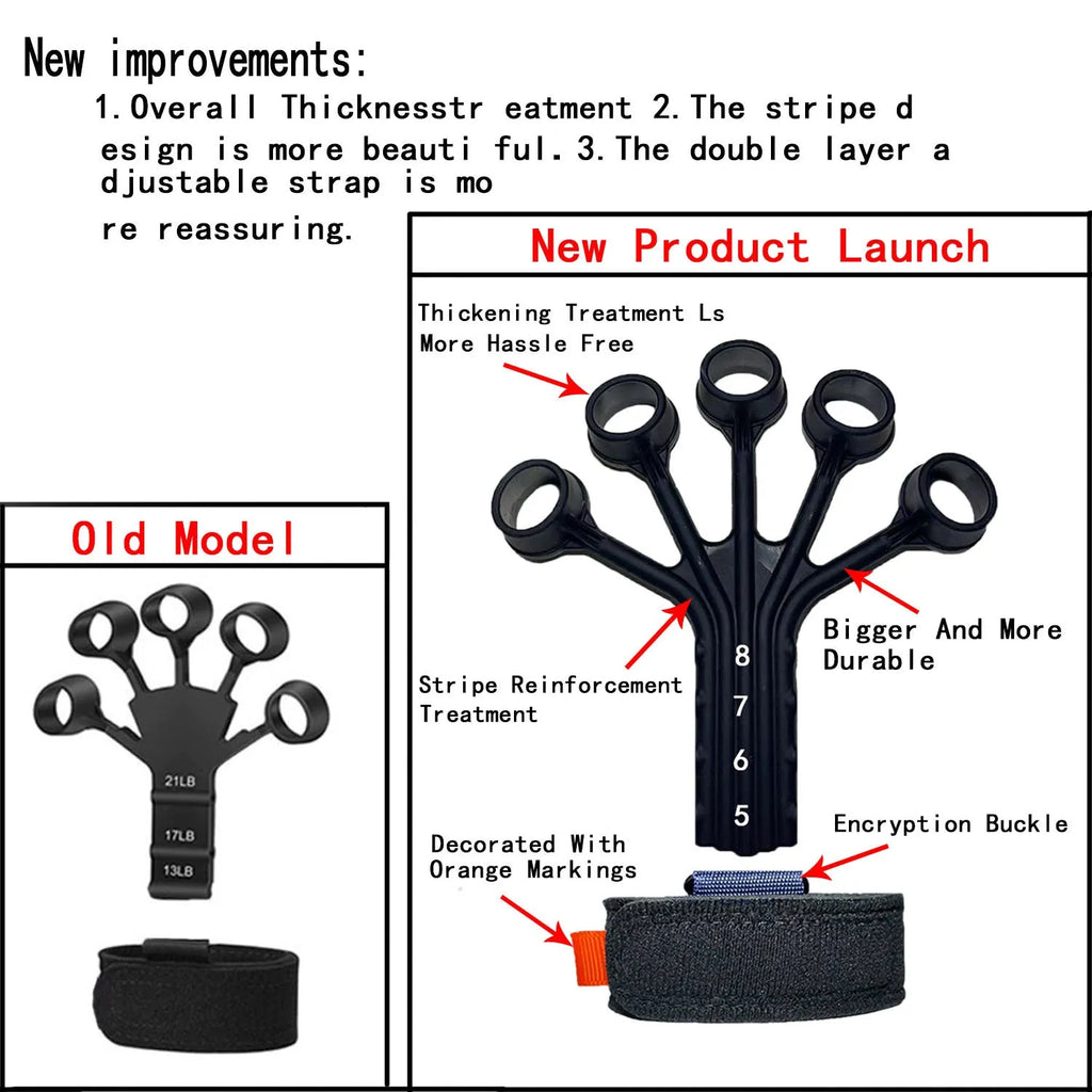 Black silicone finger flexion extension trainer with adjustable tension belt for hand rehabilitation