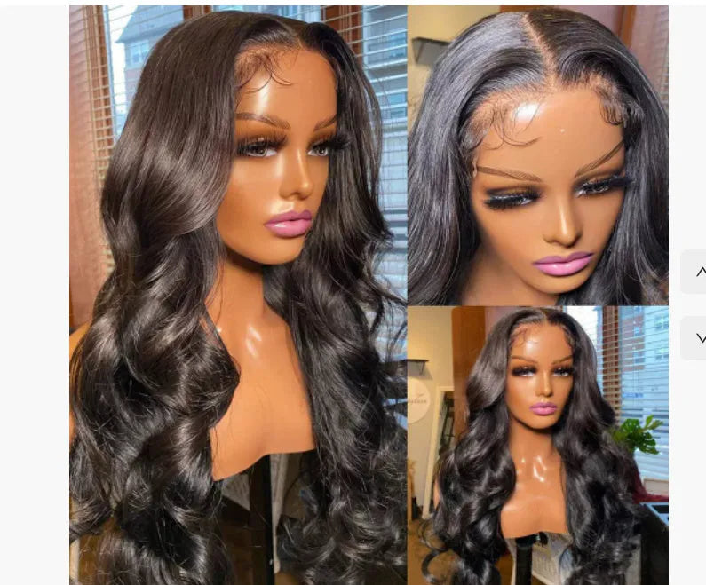 Black 22-inch long curly synthetic wig with lace front on a wig stand
