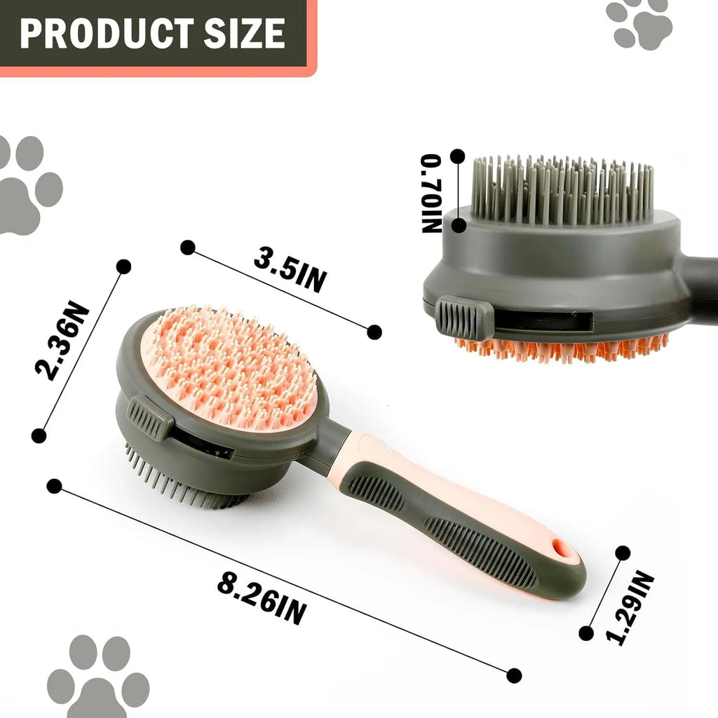 Double-sided cat brush with release button and flea comb in green or pink colours
