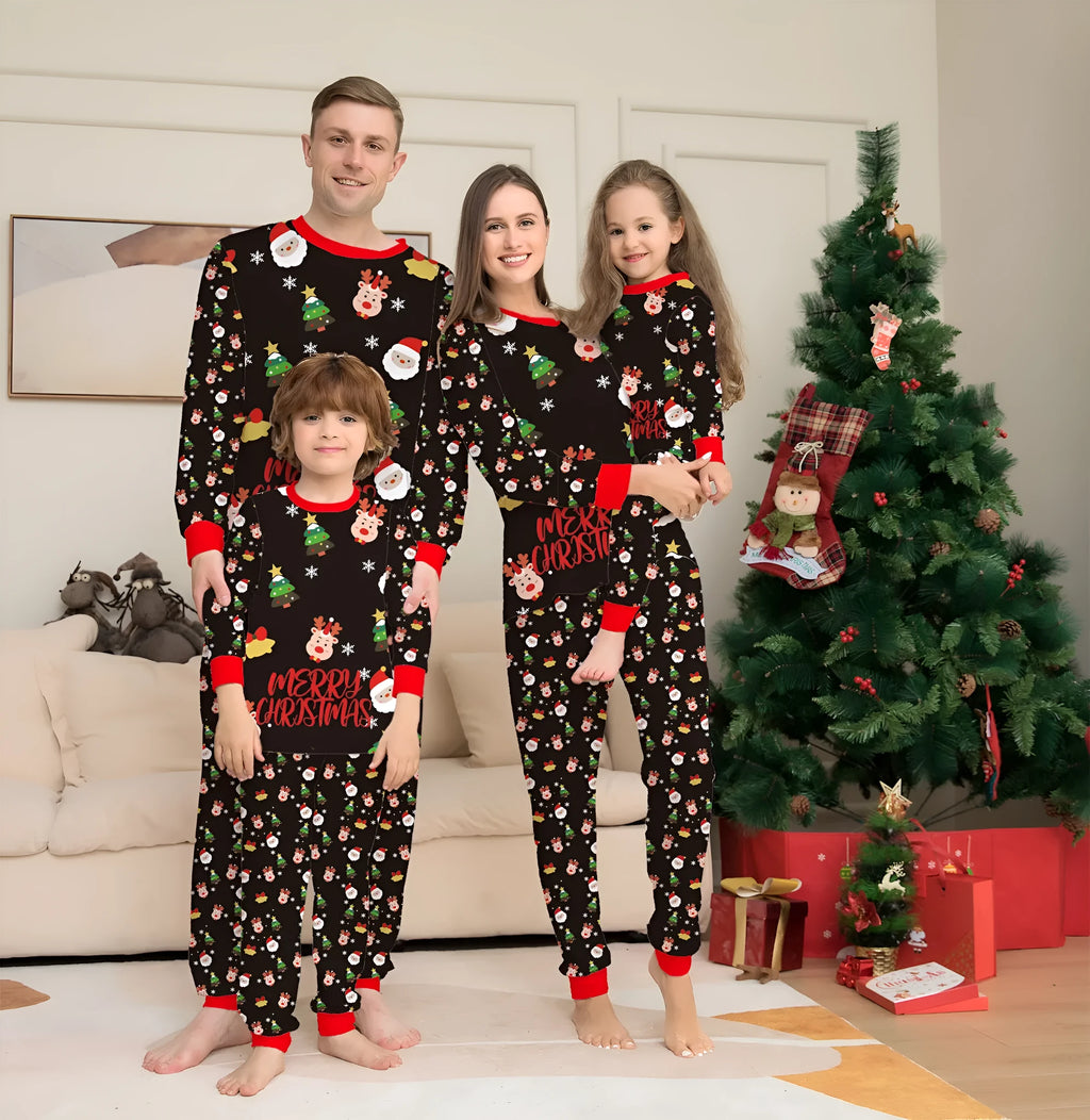 Family Christmas matching pajamas set in festive plaid and cartoon prints with dog sizes included