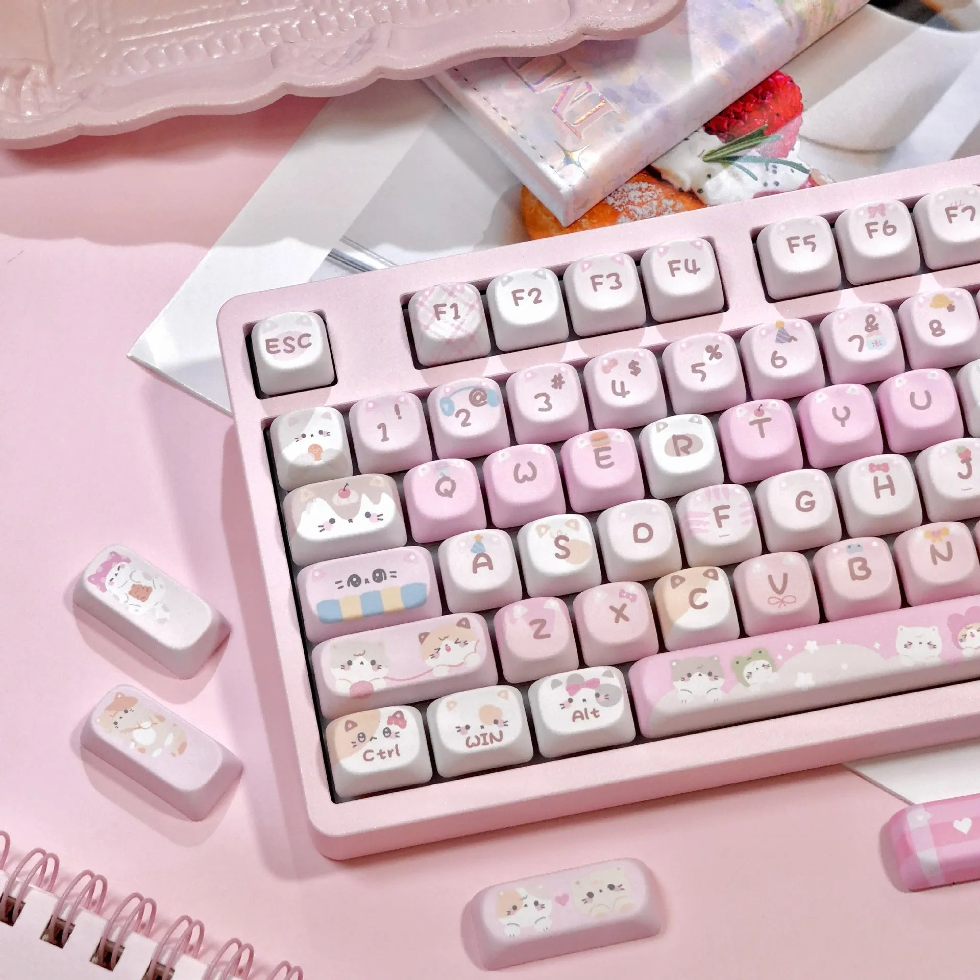 MOA height pink sublimation keyboard keycap set with cartoon design, shown on a keyboard.