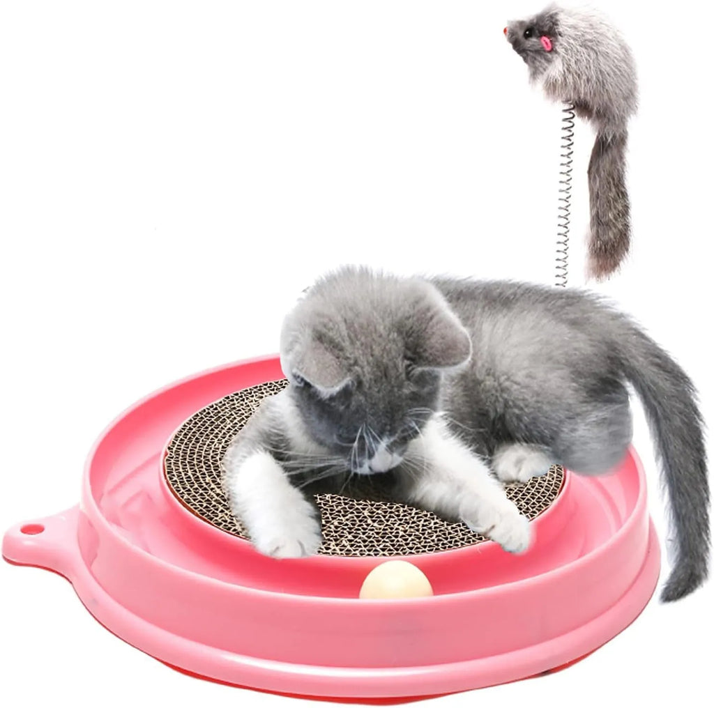 Blue interactive cat scratcher toy with ball track and replaceable scratch pad, 40cm diameter