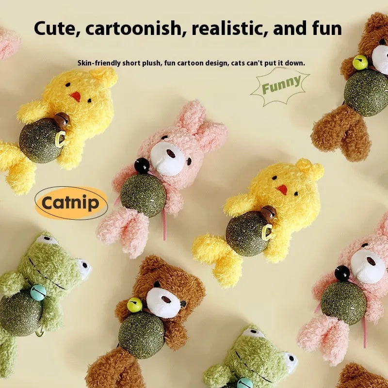 Plush catnip ball toy with bell in brown bear design showing 15cm height
