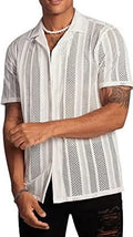 Men's black knitted short-sleeved button cardigan shirt with jacquard texture on a hanger.