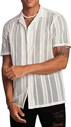 Men's black knitted short-sleeved button cardigan shirt with jacquard texture on a hanger.