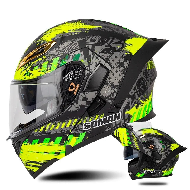 Double lens exposed motorcycle helmet in bright black and green lines with sun visor