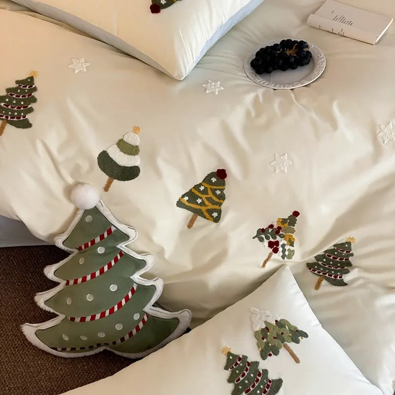 Pure cotton four-piece bedding set with embroidered Christmas tree towel design on plant and flower pattern