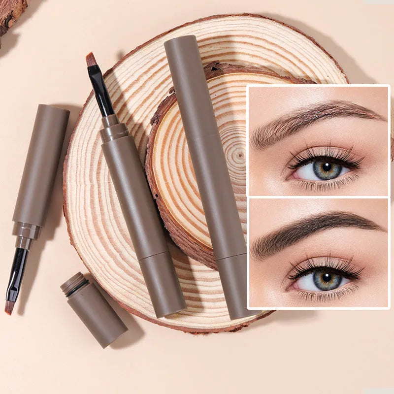 Double-headed eyebrow cream in a tube showing creamy brow product and blending tool, with five neutral shade options displayed.