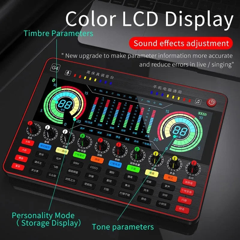 G4 professional sound card set with capacitance microphone, LCD display and remote control for live audio broadcasting