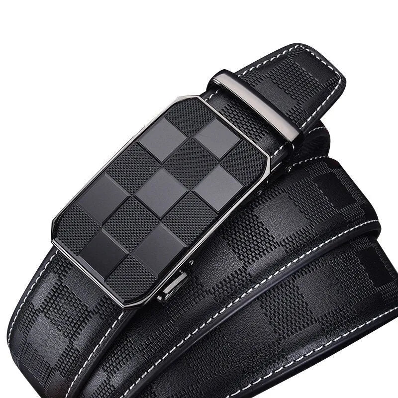 Men's genuine leather automatic buckle belt in carved plaid design on white background